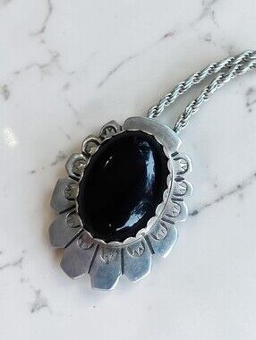Vintage Sterling Navajo Signed Black Onyx Pendant Necklace